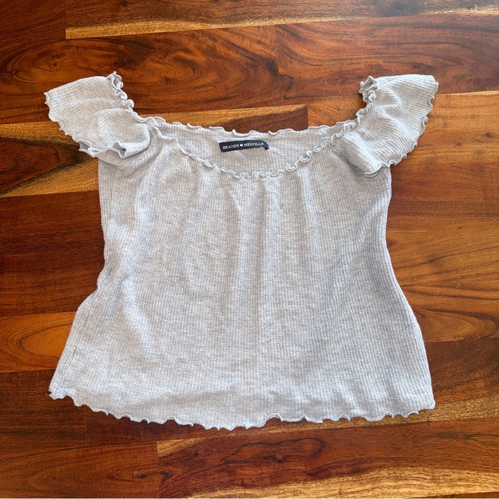 Brandy Melville Heather Light Gray Ruffle Off-Shoulder Crop Top